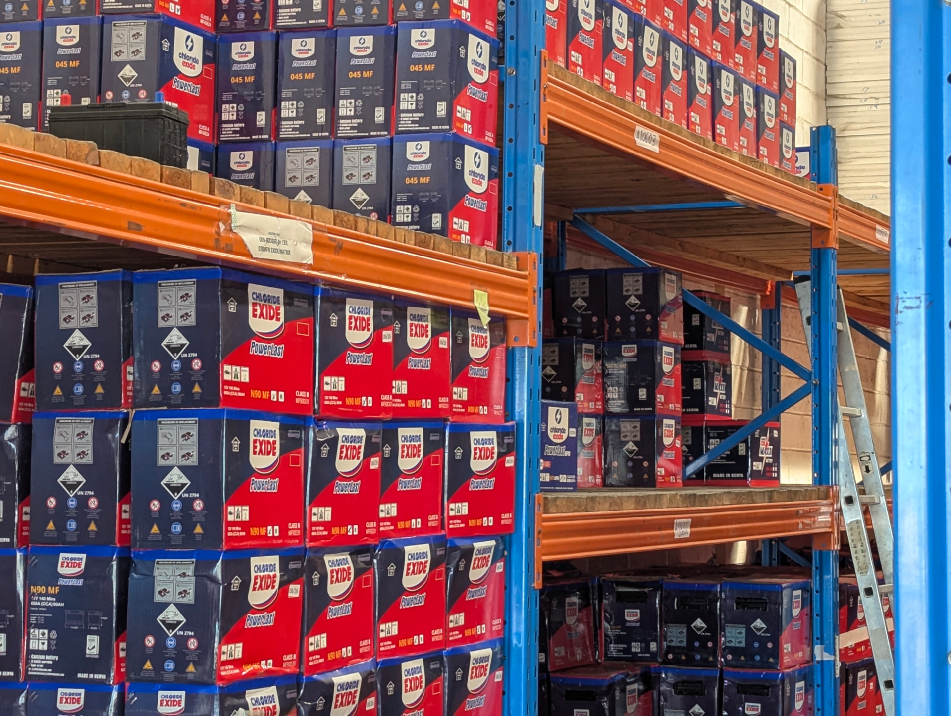 Chloride Exide battery inventory on warehouse racks